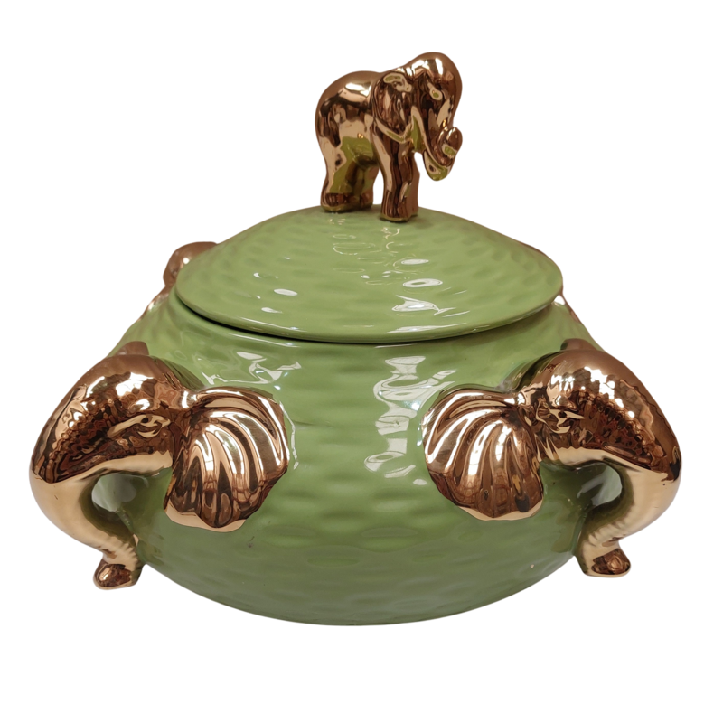Sopera Porcelana Elefantes 21 x 30 cm (Verde con dorado) 12 in